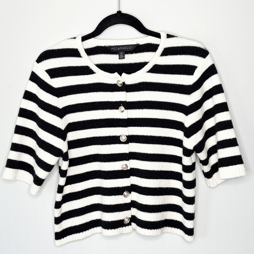 Meg‎ & Margot Black White Striped Button Front Cardigan Sweater Size L